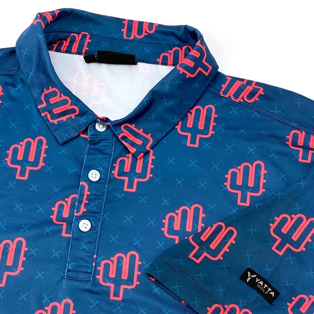 Yatta Golf Polo Mens XL Polo Shirt Teal Blue Coral Pink Cactus AOP Athleisure